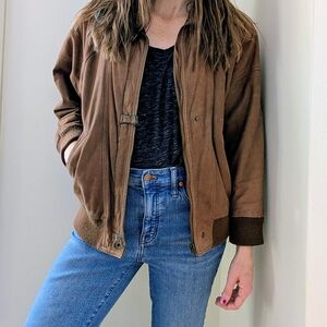Vintage Leather Aviator Bomber Flight Collared Jacket In Caramel Tan/Green